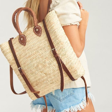 Pale Cream Diagonal Woven Straw Tall Backpack With Rich Brown Stitched Trim, Curved Top Grip And Adjustable Metal Buckle Rear Support Straps
