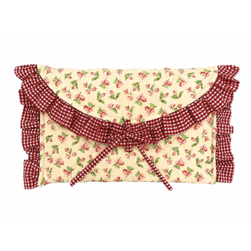 Pale Cream Floral Print Quilted Device Sleeve With Deep Red Gingham Ruffled Trim, Curved Flap And Fabric Tie Bow Fastener Computer Protection Pack
