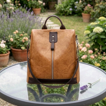 Warm Aged Tan Distressed Convertible Vintage Daypack With Dark Brown Trim, Vertical Snap Zip Front Closure And Dual Adjustable Woven Support Straps