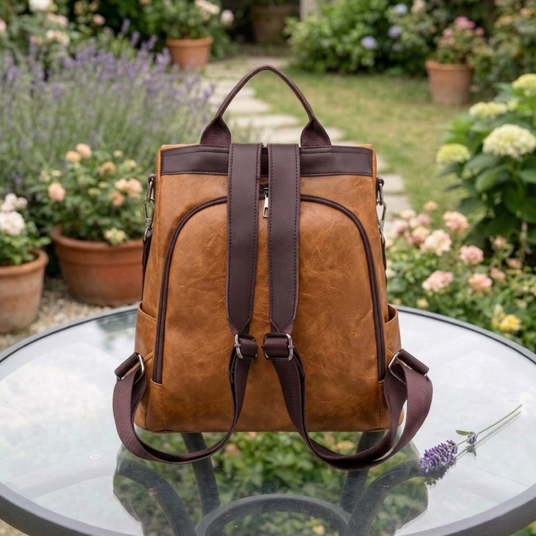 Warm Aged Tan Distressed Convertible Vintage Daypack With Dark Brown Trim, Vertical Snap Zip Front Closure And Dual Adjustable Woven Support Straps