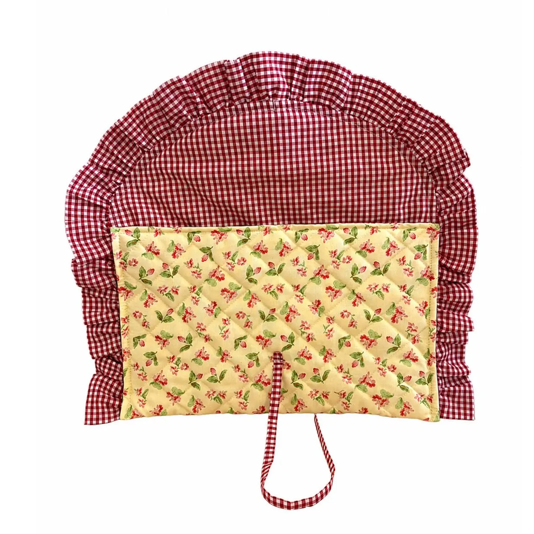 Pale Cream Floral Print Quilted Device Sleeve With Deep Red Gingham Ruffled Trim, Curved Flap And Fabric Tie Bow Fastener Computer Protection Pack