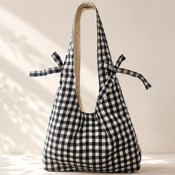 Two-Tone Gingham Soft Sloped Shoulder Tote Bag With Decorative Fabric Side Bows, Wide Integrated Shoulder Strap And Pale Beige Inner Lining