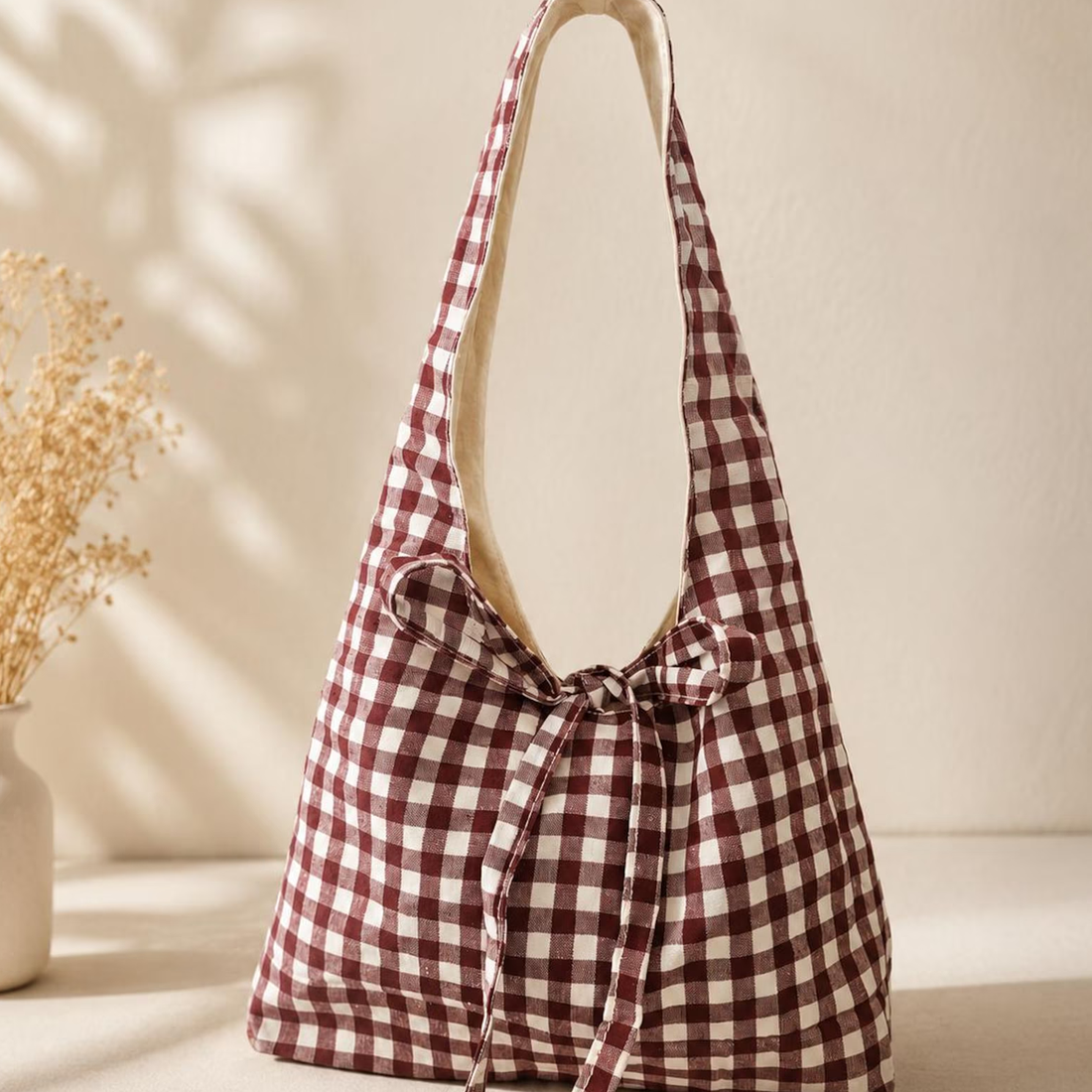 Two-Tone Gingham Soft Sloped Shoulder Tote Bag With Decorative Fabric Side Bows, Wide Integrated Shoulder Strap And Pale Beige Inner Lining