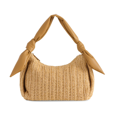 Natural Straw Beige Vertical Knit Curved Hobo Handbag With Tan Knotted Bow Top Handle And Metallic Slide Seal Closure