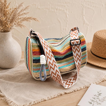 Rainbow Horizontal Stripe Woven Crescent Hobo Bag With Geometric Zigzag Adjustable Wide Strap And Braided Fabric Zip Pull Tab