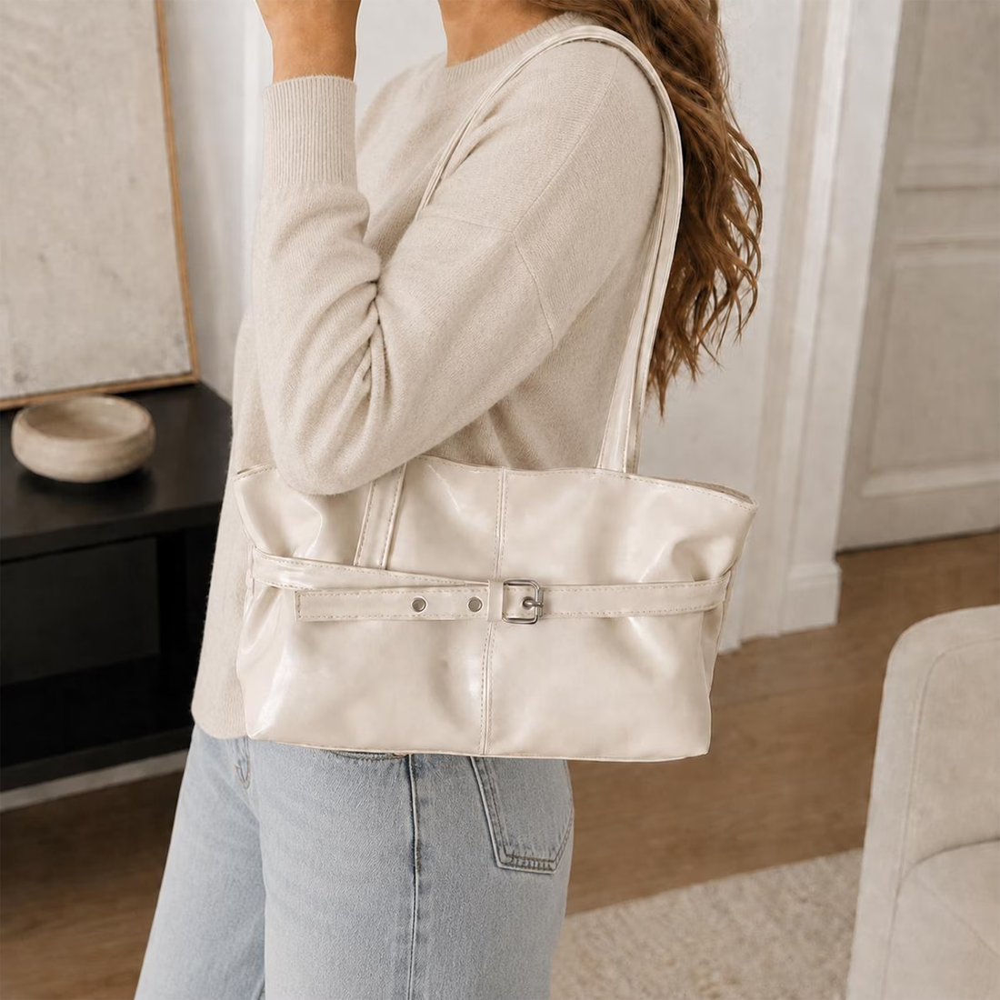 Glossy Dual-Tone Slouched Rectangular Shoulder Tote With Metallic Buckle Front Belt, Eyelet Adjustable Single Shoulder Strap And Segmented Panel Stitching