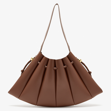 Warm Cocoa Brown Sculptural Fan Pleated Shoulder Bag With Golden Spherical Drawstring Hardware And Slim Matching Single Carry Strap