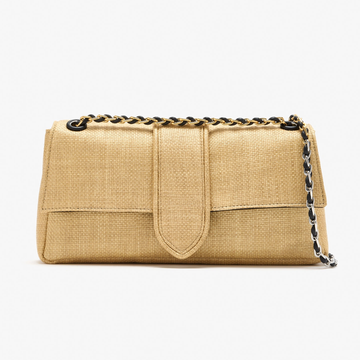 Natural Straw Beige Woven Slim Envelope Shoulder Bag With Two-Tone Fabric Threaded Metal Chain Strap And Rear Flat Slip Pocket