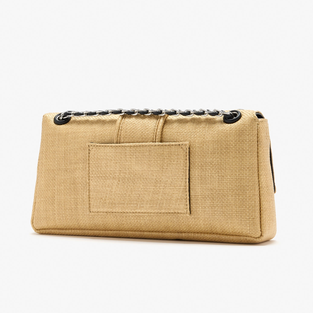 Natural Straw Beige Woven Slim Envelope Shoulder Bag With Two-Tone Fabric Threaded Metal Chain Strap And Rear Flat Slip Pocket