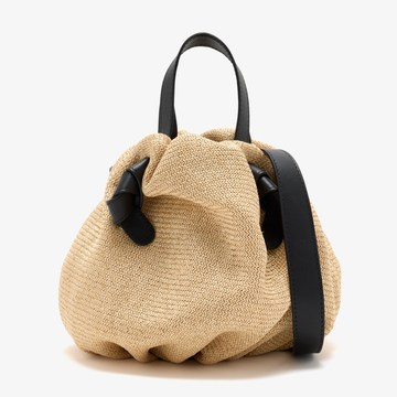Natural Light Straw Beige Petite Ruched Bucket Bag With Black Knotted Closure Trim, Curved Short Hand Grip And Wide Solid Black Handbag