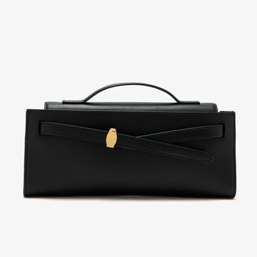 Jet Black Slim Elongated Handheld Clutch With Curved Top Carry Grip, Crossing Front Fastener Strap And Polished Golden Metal Lock Hardware