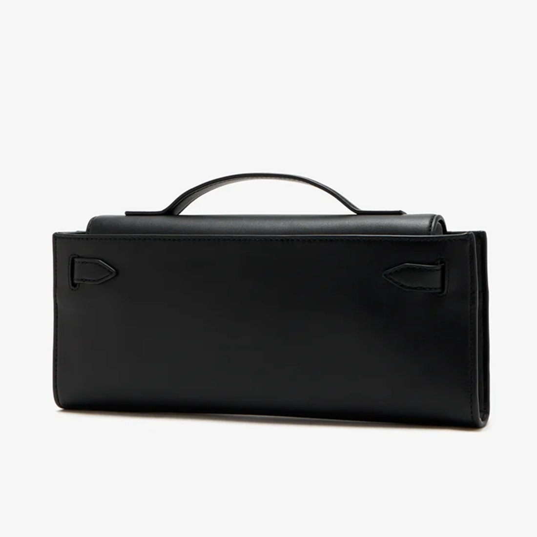 Jet Black Slim Elongated Handheld Clutch With Curved Top Carry Grip, Crossing Front Fastener Strap And Polished Golden Metal Lock Hardware