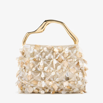 Soft Creamy Off-White Petite Mini Handbag With Dimensional Shell Bead Embellishments, Curved Polished Golden Metal Top Grip And Mesh Underlay Construction