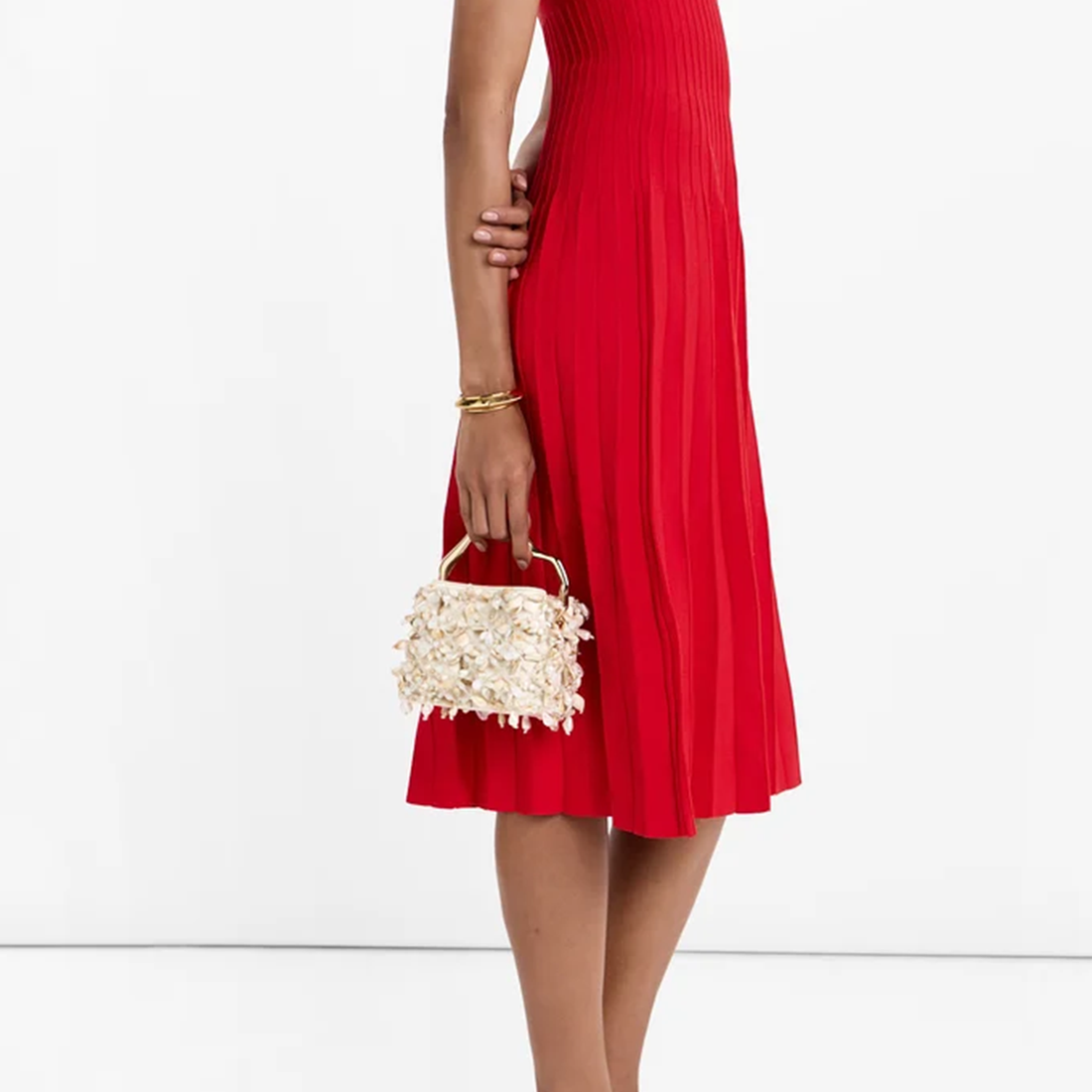 Soft Creamy Off-White Petite Mini Handbag With Dimensional Shell Bead Embellishments, Curved Polished Golden Metal Top Grip And Mesh Underlay Construction