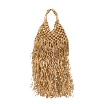 Natural Warm Tan Triangular Knit Hand Tote With Cascading Long Fringe Tassels, Integrated Loop Carry Handle And Open Top Unrestricted Storage Opening