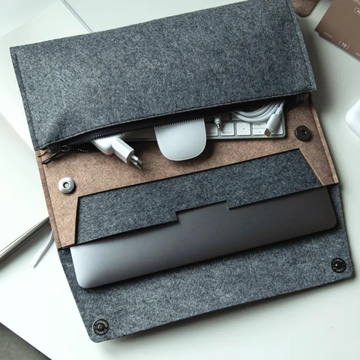 Dual-Tone Grey And Tan Layered Felt Device Cover With Snap Fastened Dividers, Slide Seal Accessory Compartment And Recessed Hardware Slip Slot