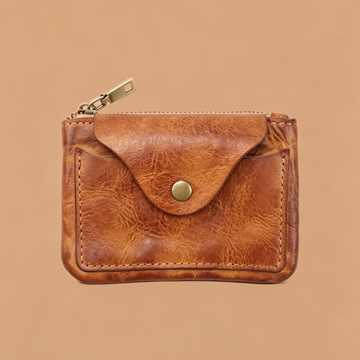 Warm Faded Tan Textured Mini Rectangular Carry Pouch With Curved Snap Flap, Antique Metal Hardware And Full Top Slide Seal Closure