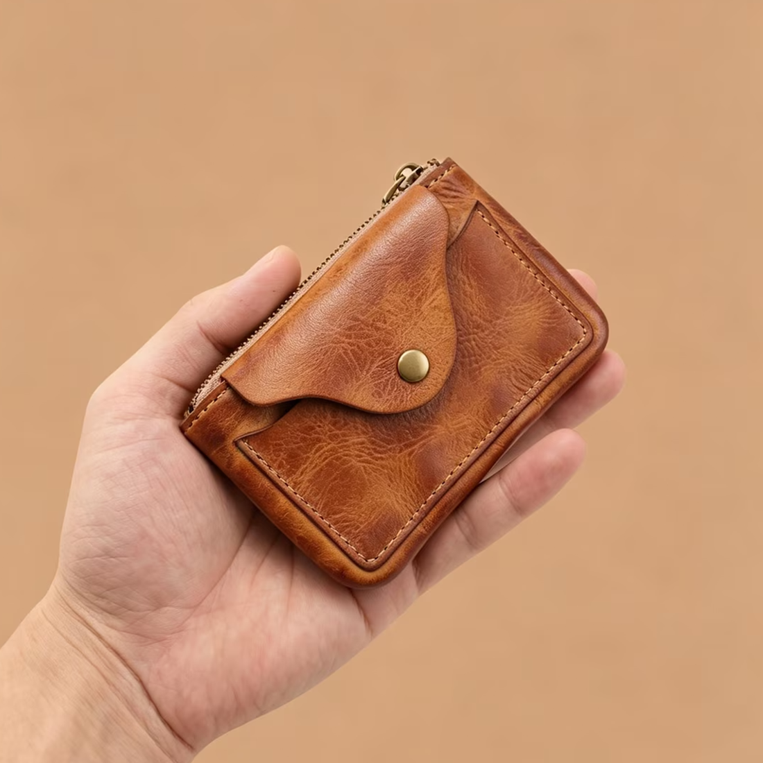Warm Faded Tan Textured Mini Rectangular Carry Pouch With Curved Snap Flap, Antique Metal Hardware And Full Top Slide Seal Closure