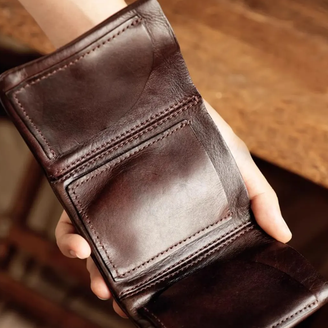 Deep Espresso Brown Heavy Washed Retro Tri-Fold Carry Wallet With Wrap Snap Band, Brass Fastener And Stitched Multi-Slot Inner Storage Layout