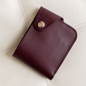 Deep Burgundy Smooth Slim Bifold Storage Pouch With Curved Snap Flap, Silver Metal Fastener And Multi-Segment Inner Card & Trinket Slots