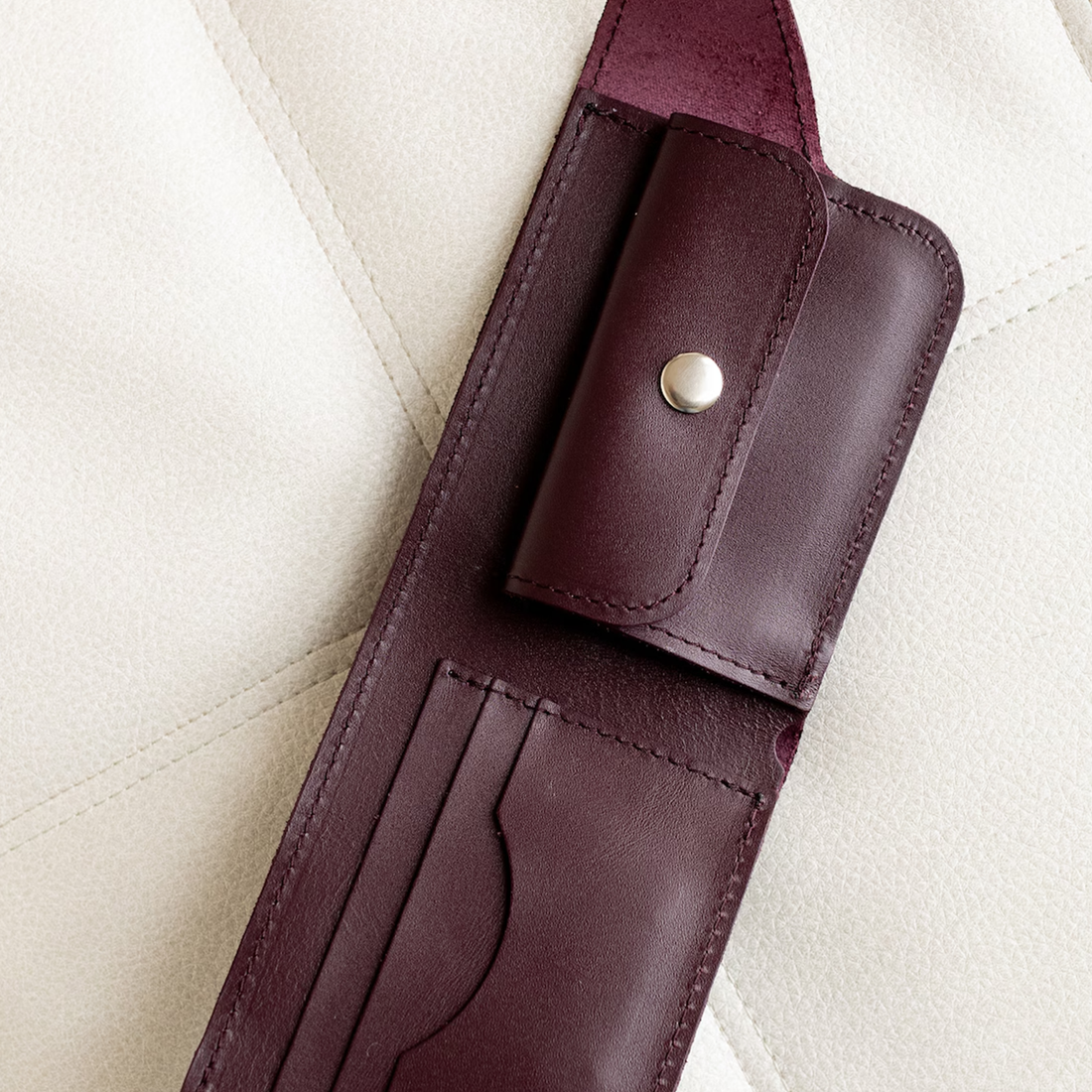 Deep Burgundy Smooth Slim Bifold Storage Pouch With Curved Snap Flap, Silver Metal Fastener And Multi-Segment Inner Card & Trinket Slots