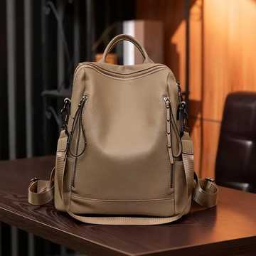 Neutral Light Khaki Streamlined Structured Backpack With Vertical Side Zip Slots, Curved Top Grip And Adjustable Woven Shoulder Support Straps
