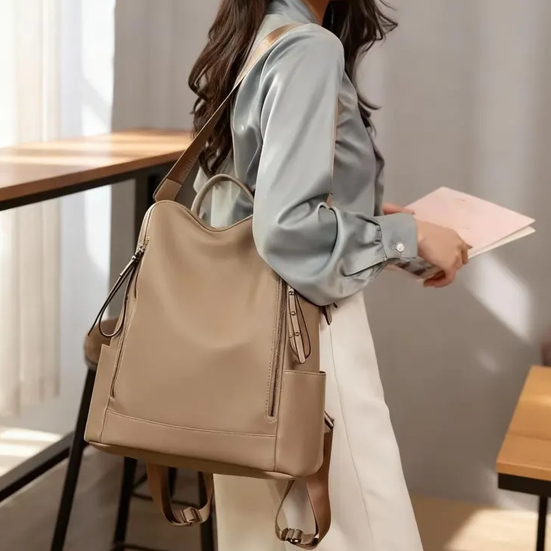 Neutral Light Khaki Streamlined Structured Backpack With Vertical Side Zip Slots, Curved Top Grip And Adjustable Woven Shoulder Support Straps