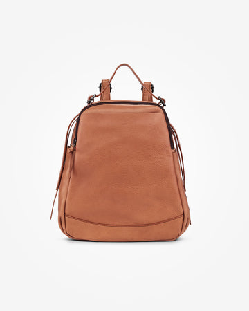 Warm Terracotta Tan Grain Structured Convertible Backpack With Dual Slide Seal Compartments, Discreet Rear Security Pocket And Detachable Metal Hardware Carry Straps