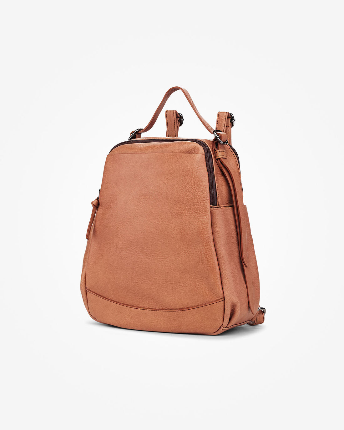 Warm Terracotta Tan Grain Structured Convertible Backpack With Dual Slide Seal Compartments, Discreet Rear Security Pocket And Detachable Metal Hardware Carry Straps