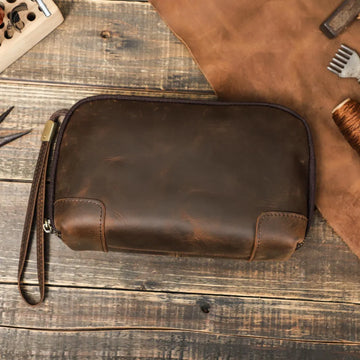 Deep Weathered Chocolate Rectangular Gadget Storage Pouch With Reinforced Corner Stitching, Front Slip Pocket And Attached Thin Wrist Tether Strap