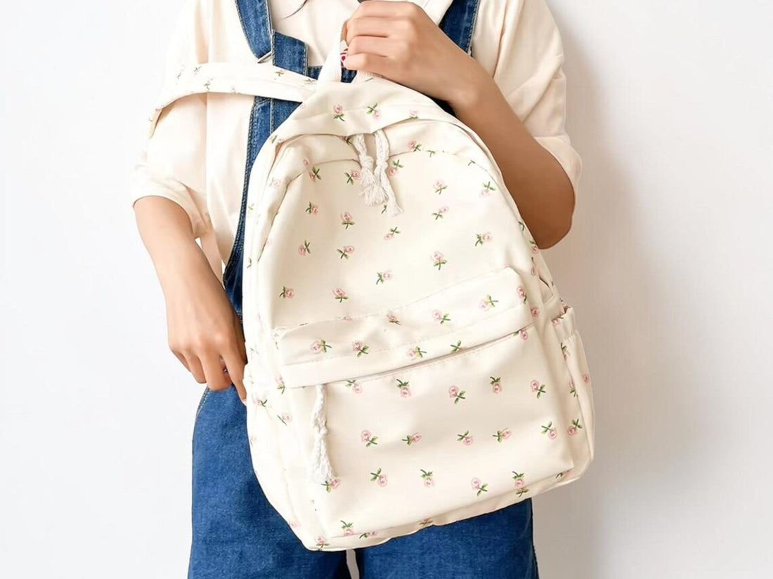 Soft Cream Blush Mini Floral Printed Lightweight Daypack With Woven Drawstring Seals And Wide Matching Shoulder Carry Straps