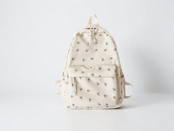 Soft Cream Blush Mini Floral Printed Lightweight Daypack With Woven Drawstring Seals And Wide Matching Shoulder Carry Straps